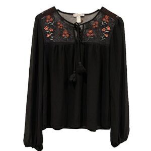 Embroidered Floral Long Sleeve Sheer Mesh Top sz M